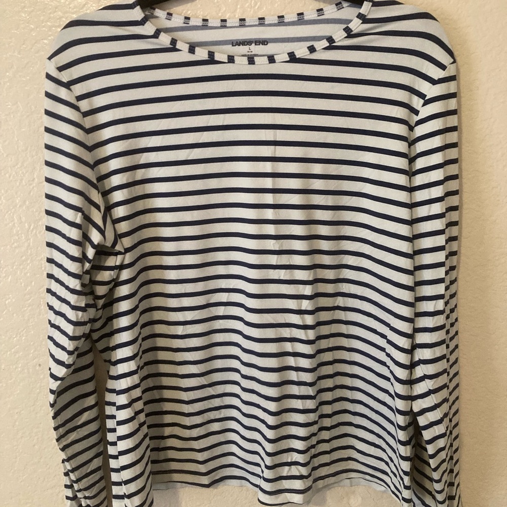 Lands' End Navy and White Striped Blouse